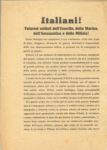 Italiani! Valorosi soldati dell'Esercito, della Marina, dell'Aeronautica e della Milizia!