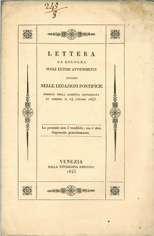 Lettera da Bologna sugli ultimi avvenimenti successi nelle legazioni pontificie